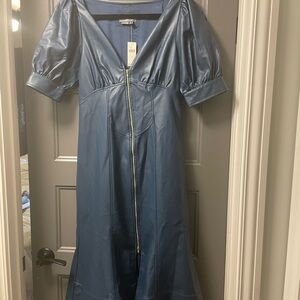 Anthropologie faux leather Blu Midi Dress gold zipper 10 NWT slight imperfection